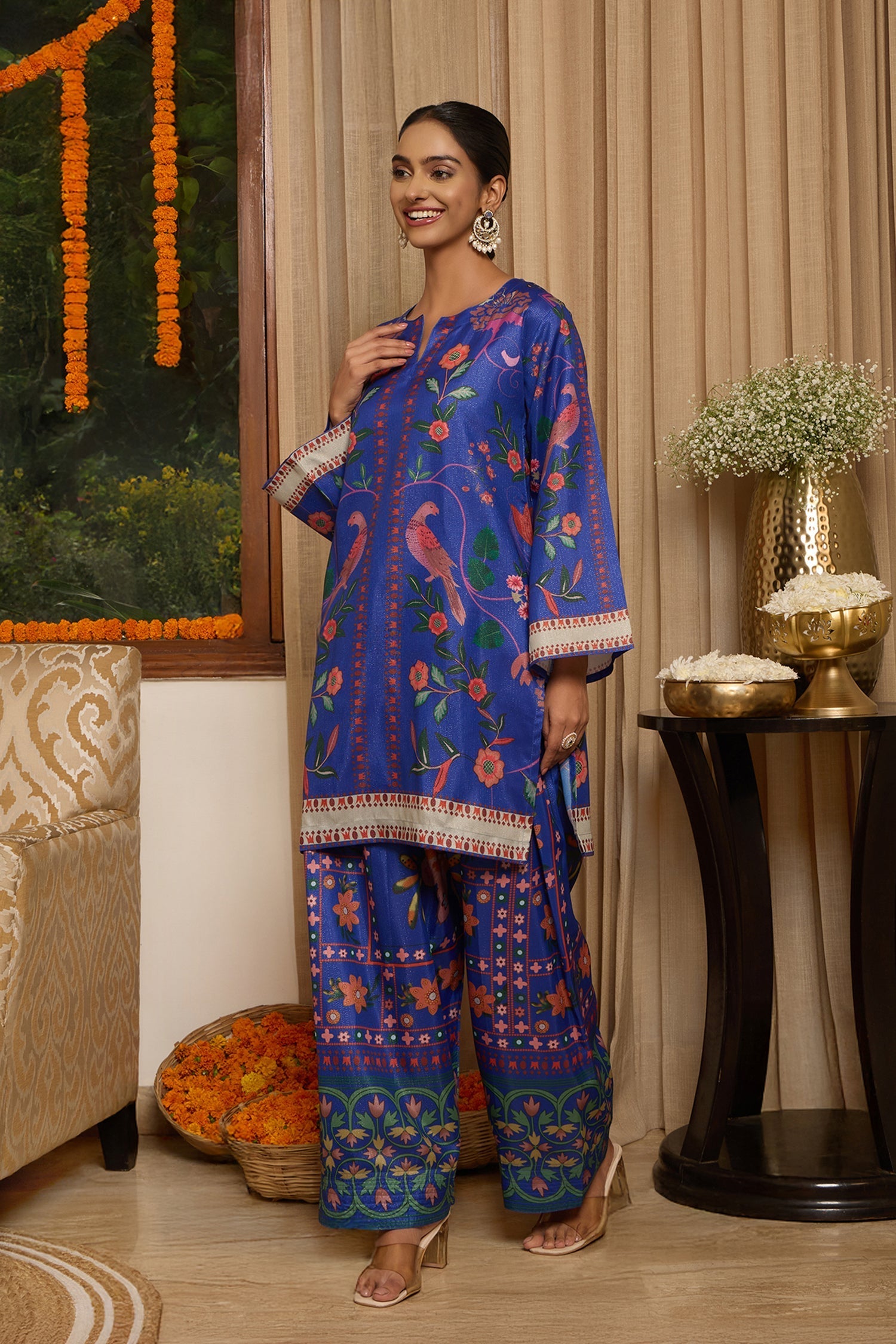Lawn Cotton Shimmer Printed Cord Set with Bird & Floral Print - Royal Blue