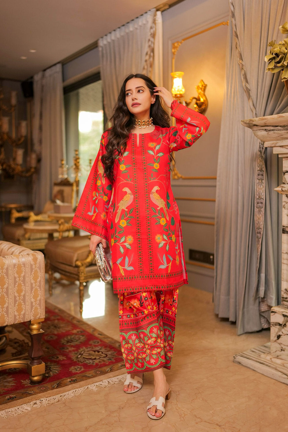 Komal X HOK Lawn Cotton Shimmer Printed Cord Set with Bird & Floral Print - Red