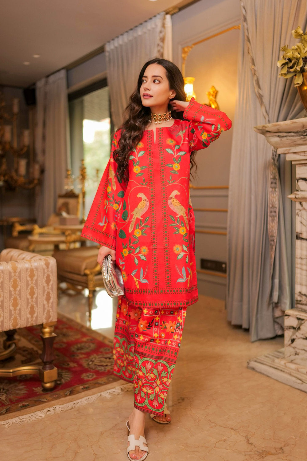 Komal X HOK Lawn Cotton Shimmer Printed Cord Set with Bird & Floral Print - Red