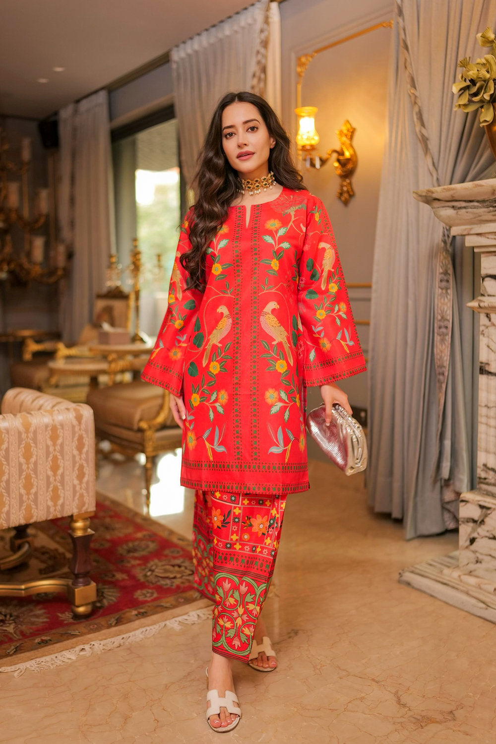 Komal X HOK Lawn Cotton Shimmer Printed Cord Set with Bird & Floral Print - Red