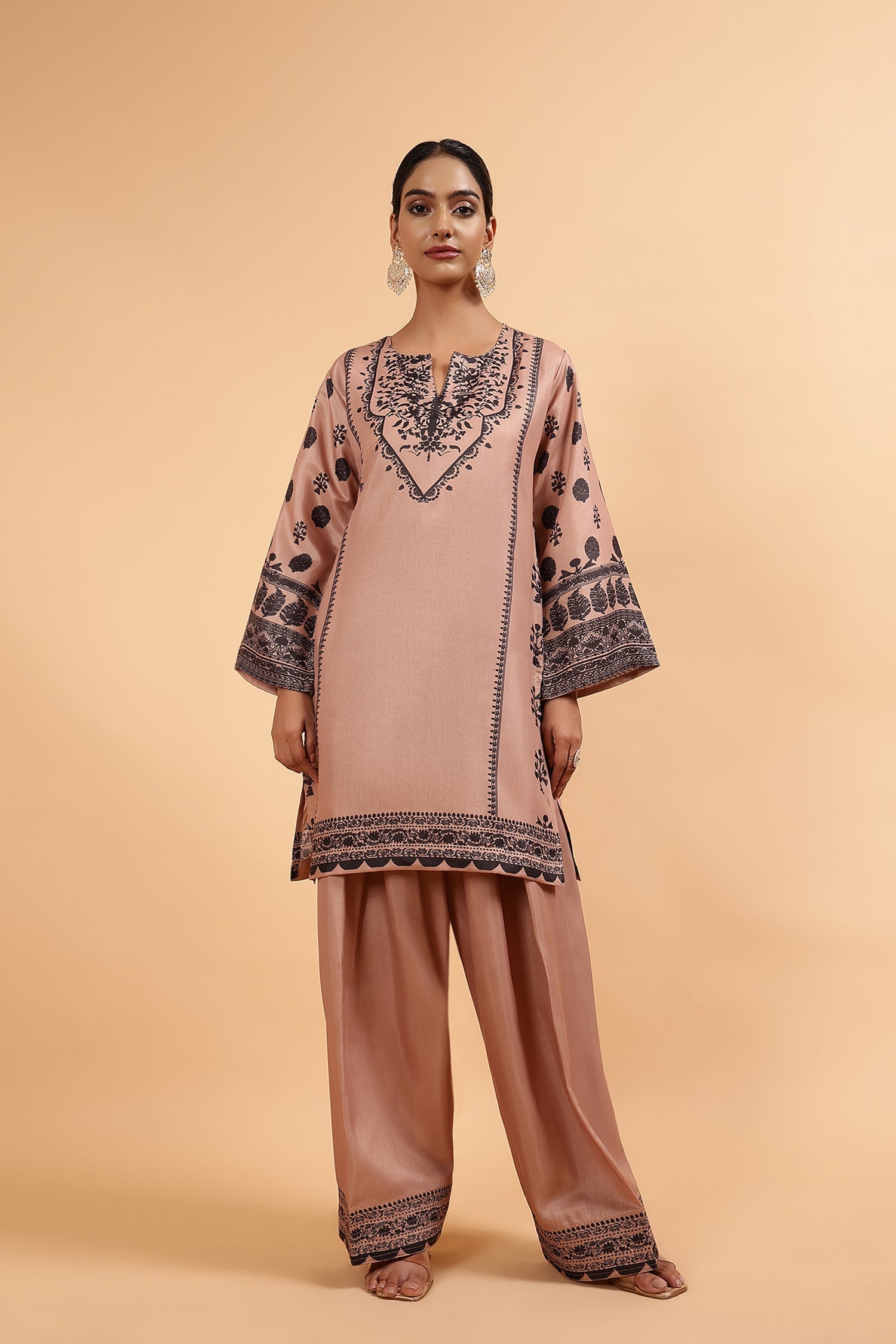 Lawn Cotton Shimmer Printed Cord Set with Black Motif Print & Farsi Bottom - Beige