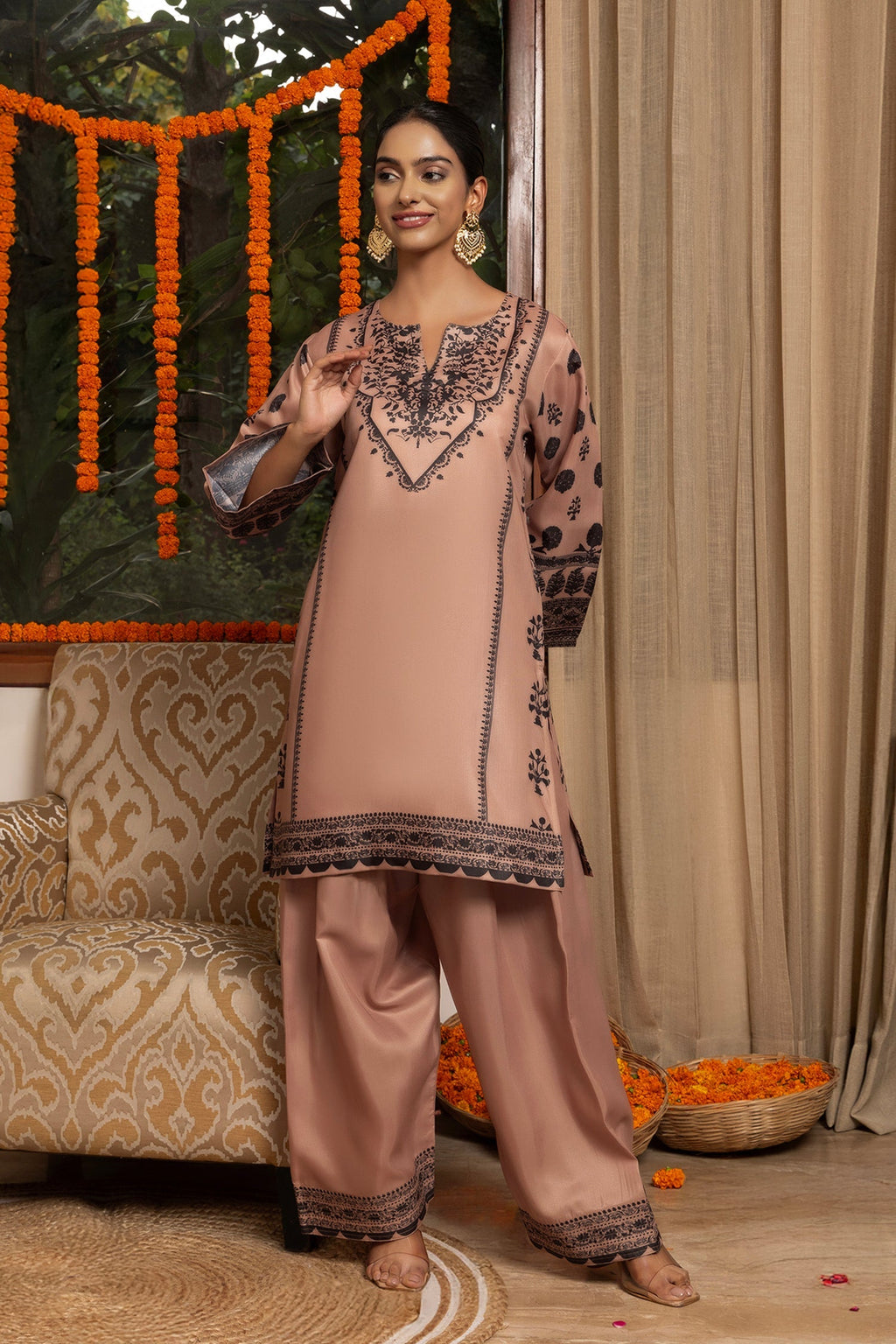 Lawn Cotton Shimmer Printed Cord Set with Black Motif Print & Farsi Bottom - Beige