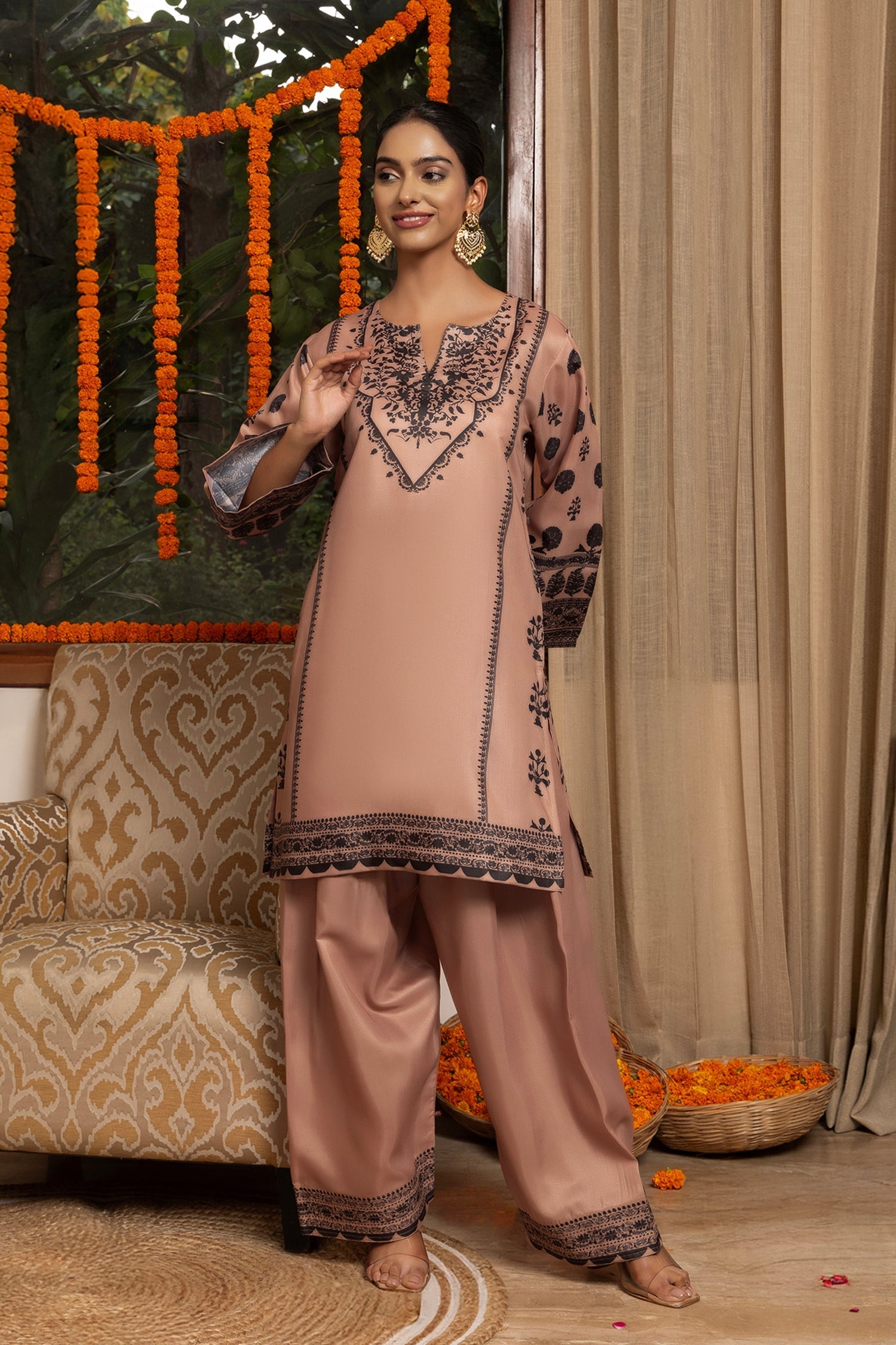 Lawn Cotton Shimmer Printed Cord Set with Black Motif Print & Farsi Bottom - Beige