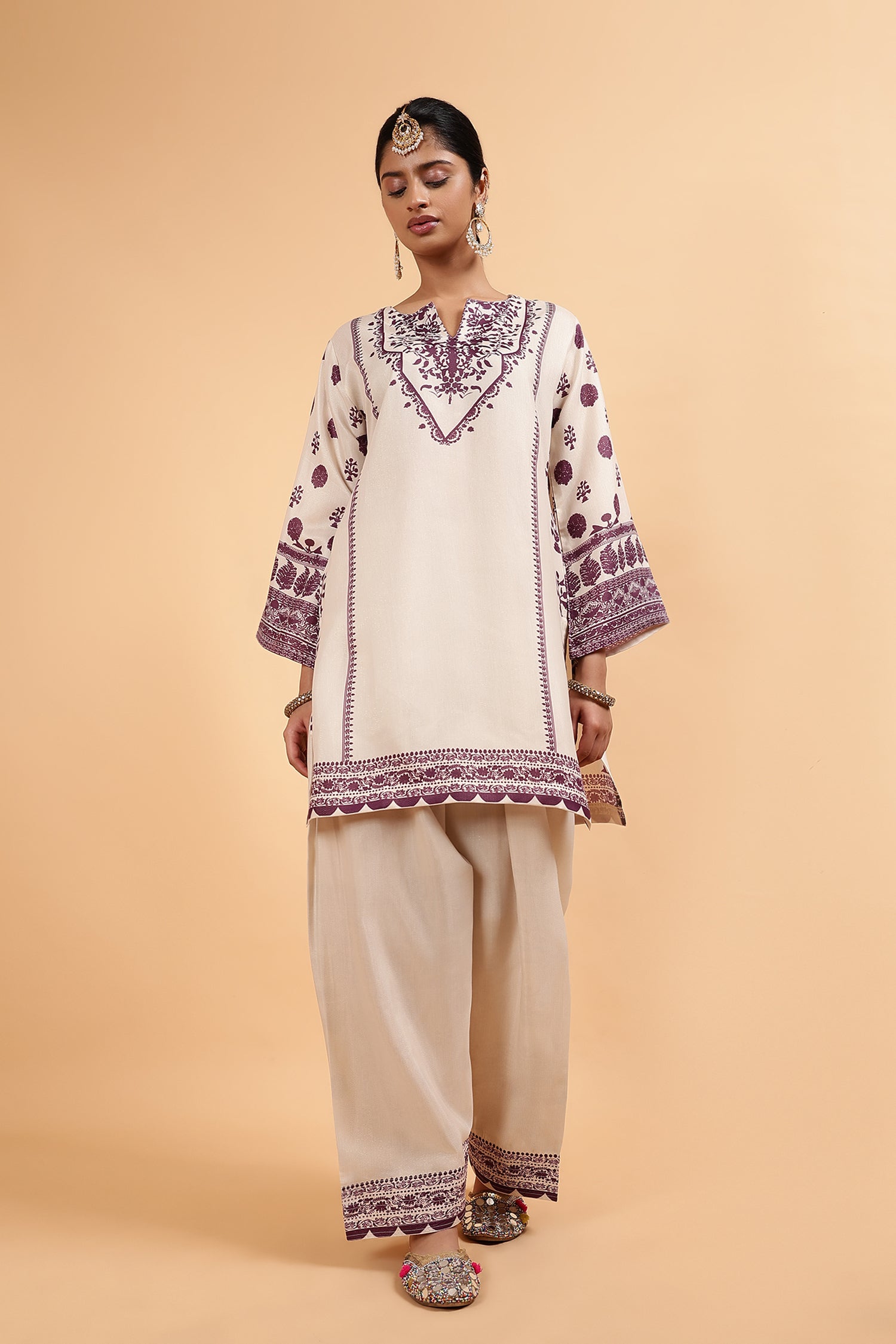 Lawn Cotton Shimmer Printed Cord Set with Farsi Bottom - Ivory