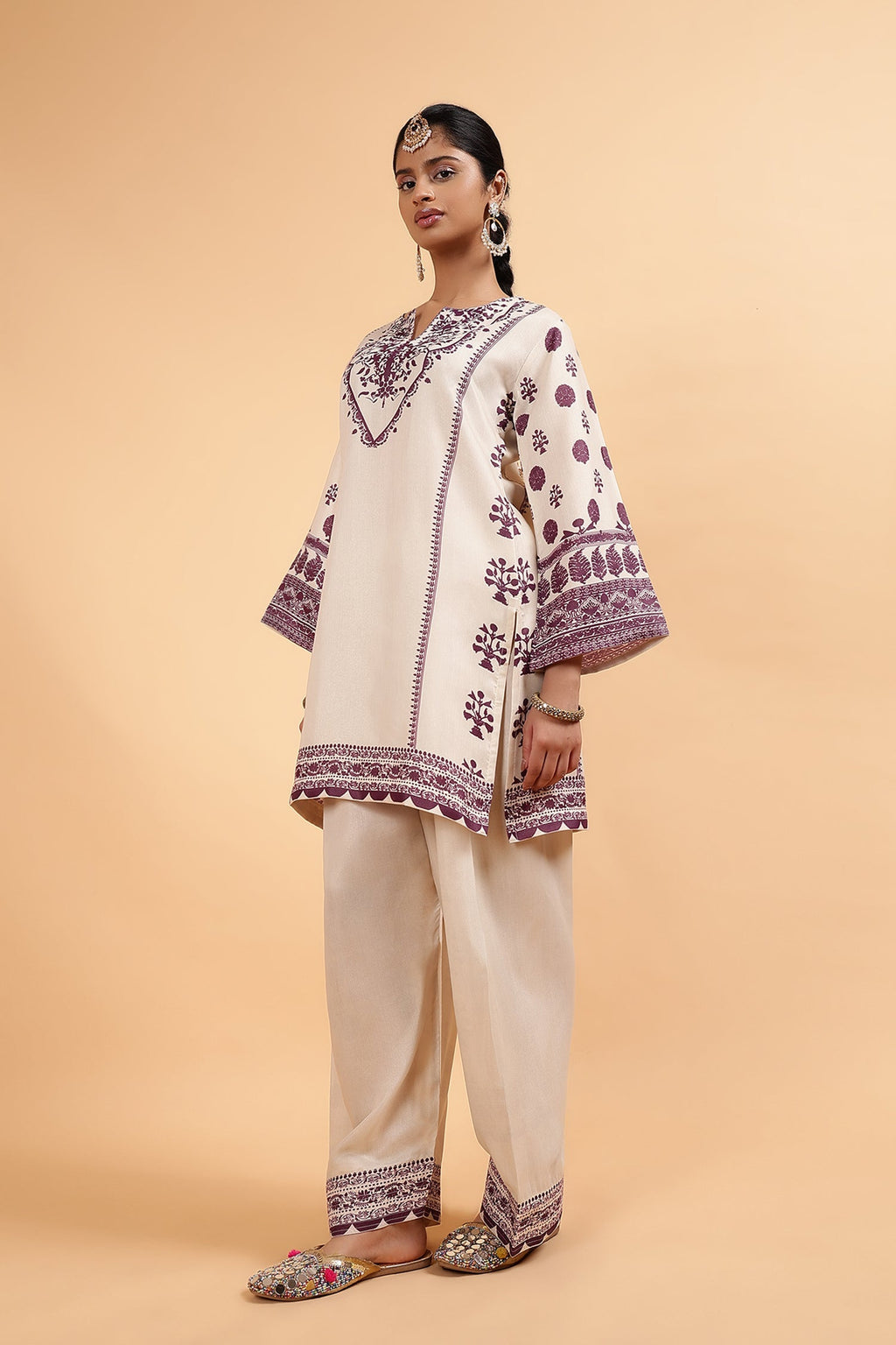 Lawn Cotton Shimmer Printed Cord Set with Farsi Bottom - Ivory