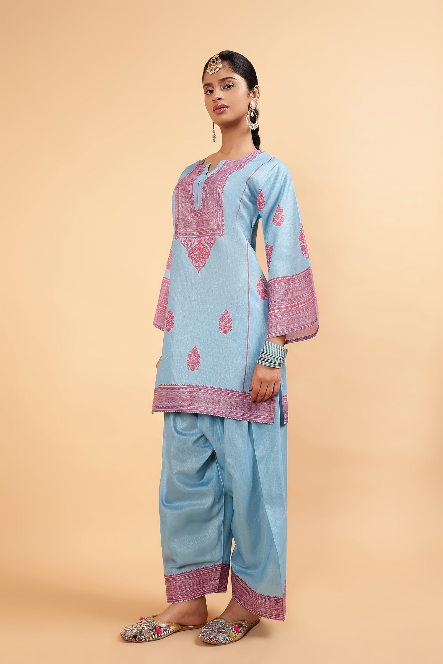 Lawn Cotton Shimmer Printed Cord Set  with Magenta Motif Print & Farsi Bottom - Sky Blue