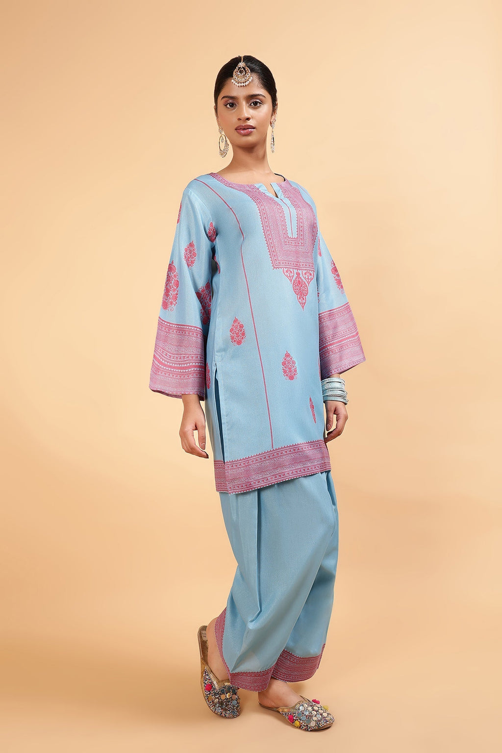 Lawn Cotton Shimmer Printed Cord Set  with Magenta Motif Print & Farsi Bottom - Sky Blue