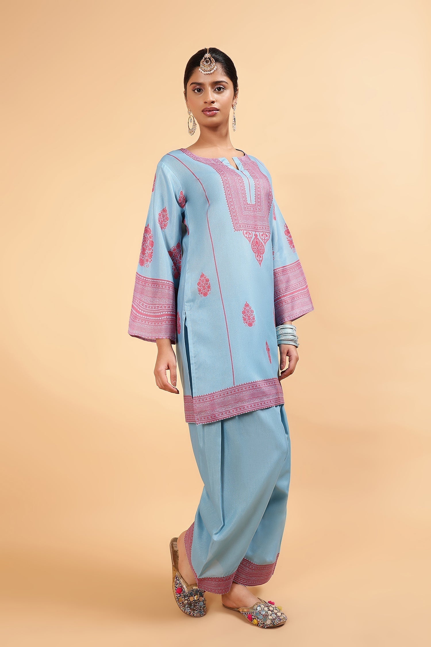 Lawn Cotton Shimmer Printed Cord Set  with Magenta Motif Print & Farsi Bottom - Sky Blue