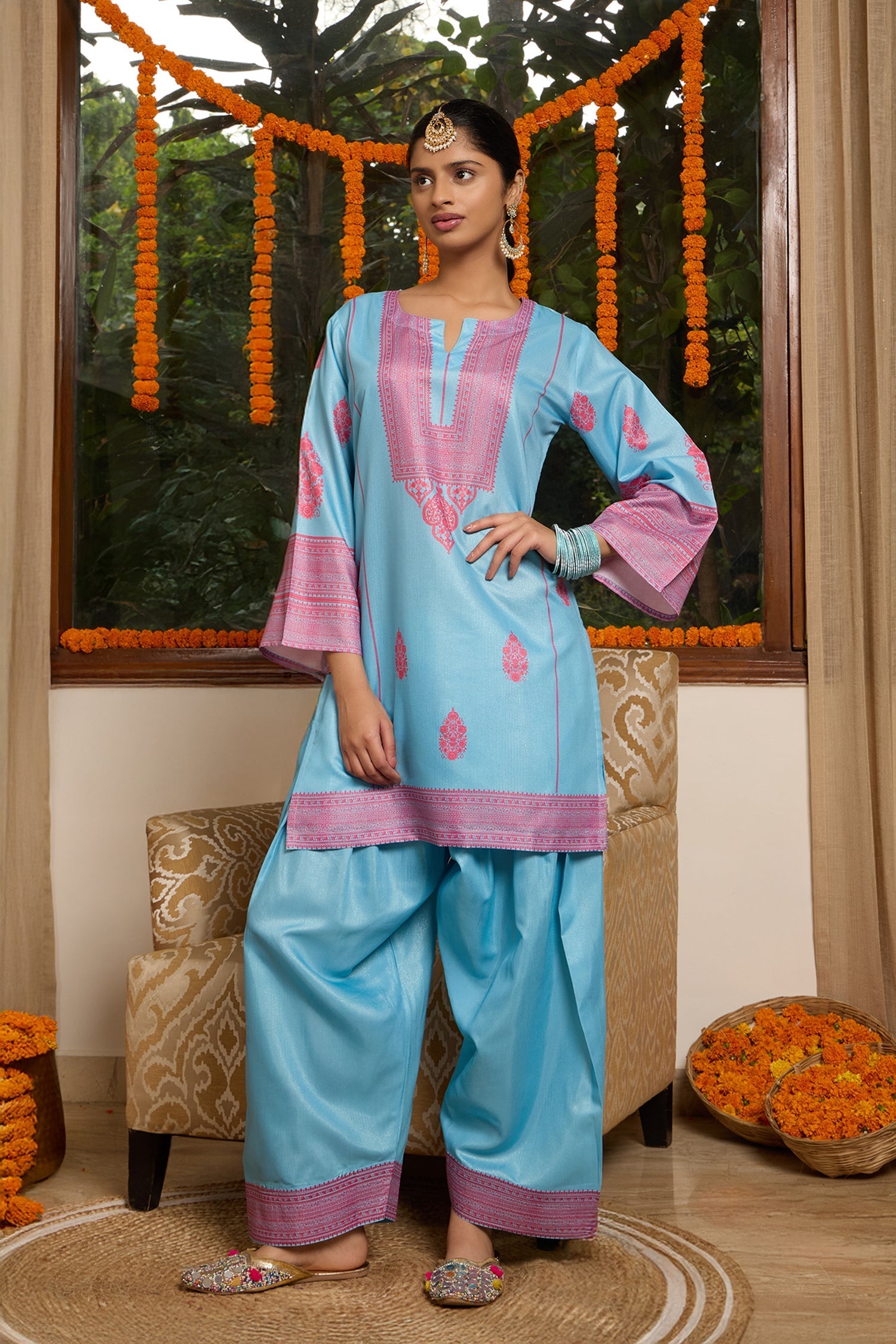 Lawn Cotton Shimmer Printed Cord Set  with Magenta Motif Print & Farsi Bottom - Sky Blue