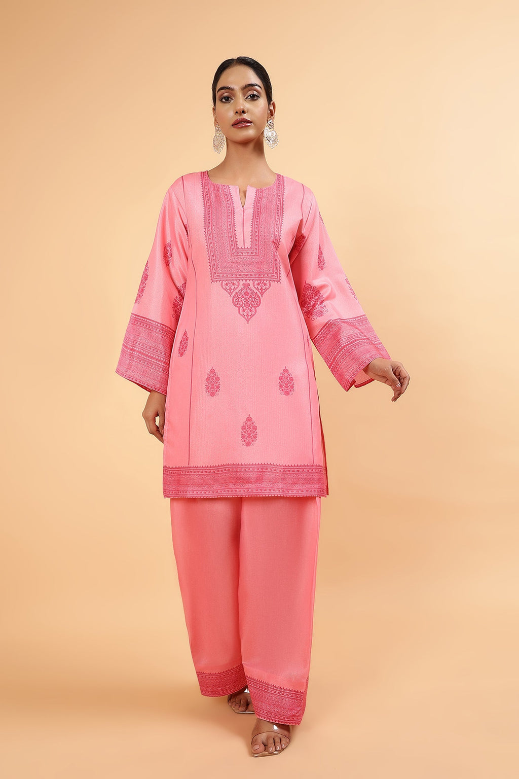 Lawn Cotton Shimmer Printed Cord Set with Tonal Motif Print & Farsi Bottom - Peach