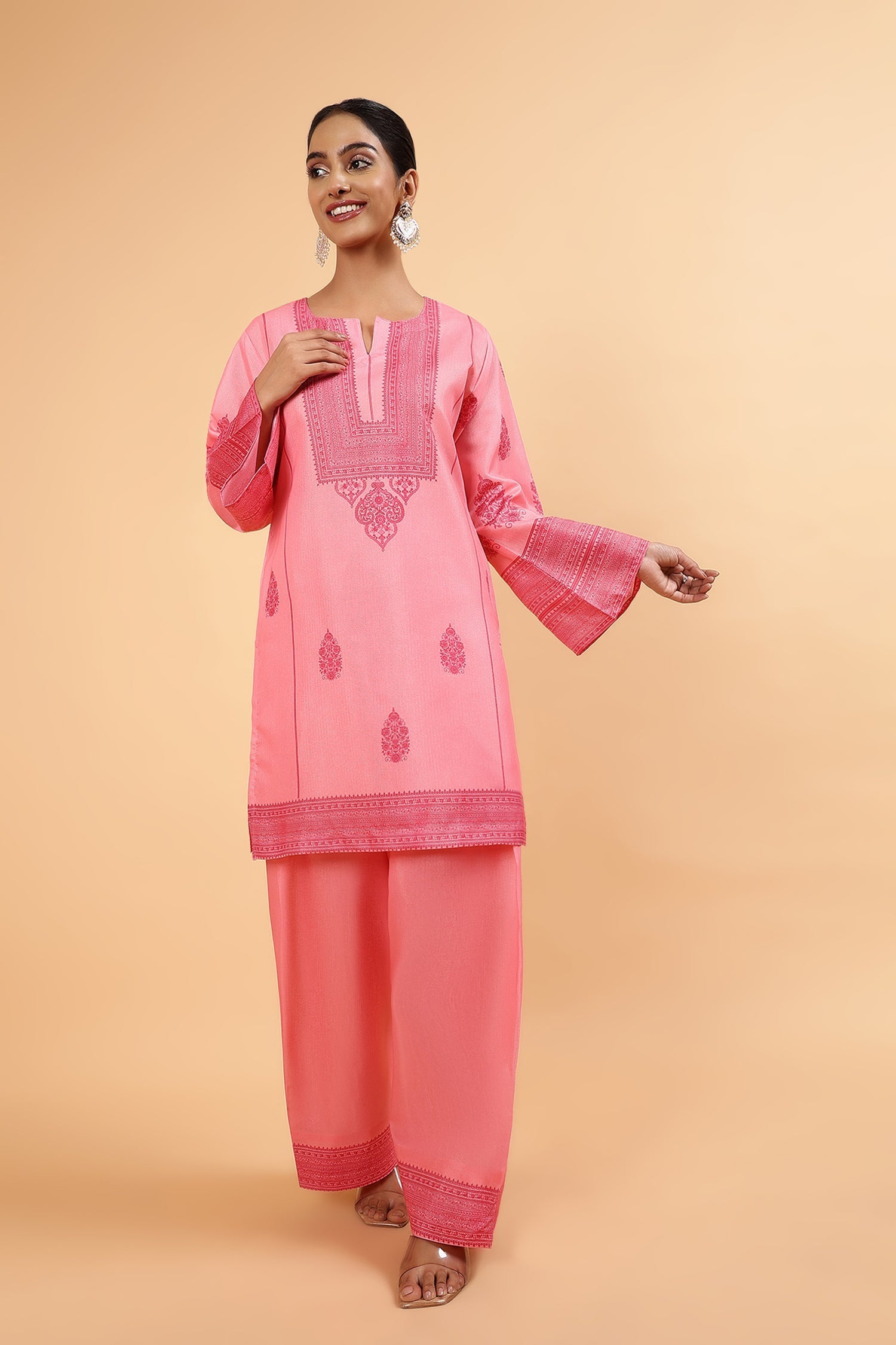 Lawn Cotton Shimmer Printed Cord Set with Tonal Motif Print & Farsi Bottom - Peach