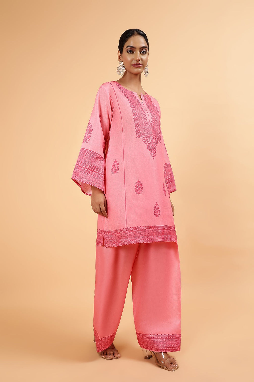 Lawn Cotton Shimmer Printed Cord Set with Tonal Motif Print & Farsi Bottom - Peach