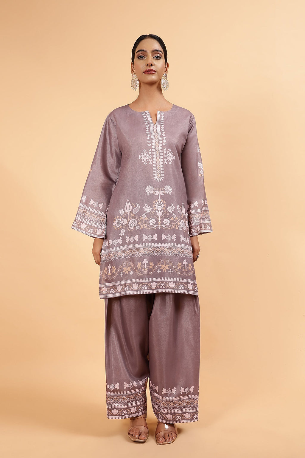 Lawn Cotton Shimmer Printed Cord Set with Beige Ethnic Print & Farsi Bottom - Brown