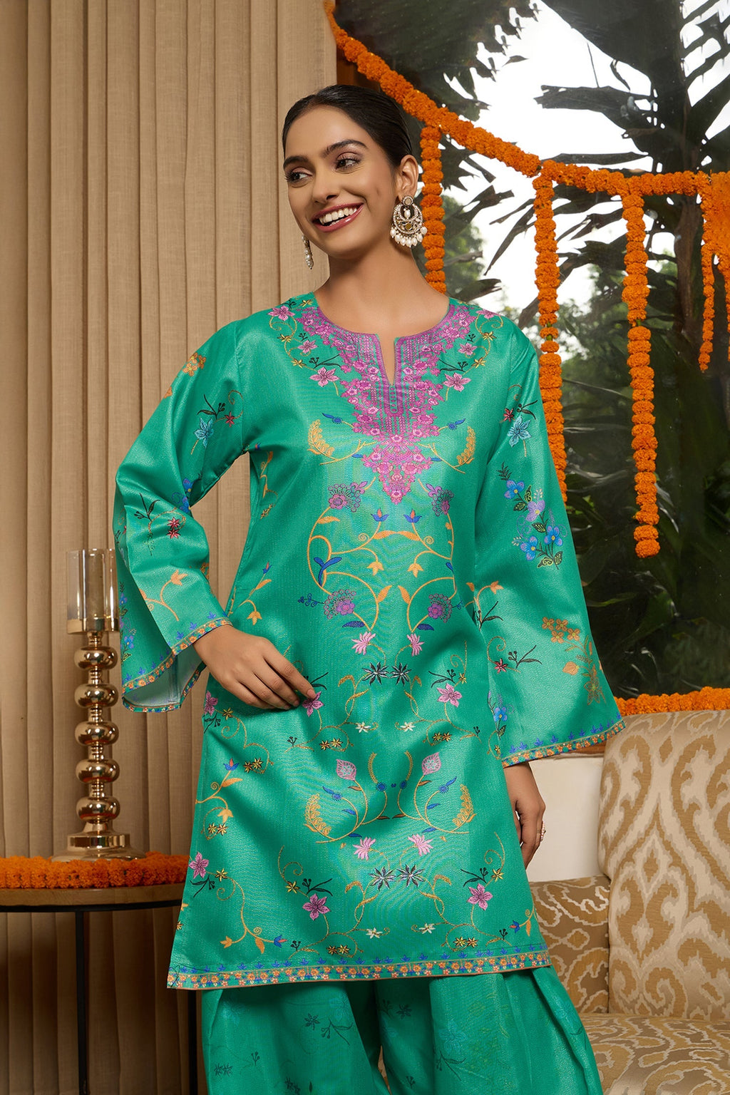 Lawn Cotton Shimmer Printed Cord Set with Multicolor Print & Farsi Bottom - Emerald Green