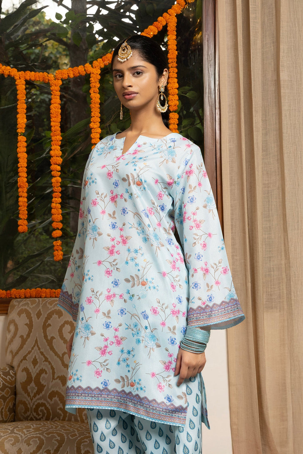 Lawn Cotton Shimmer Printed Cord Set with Floral & Geometric Print - Powder Blue