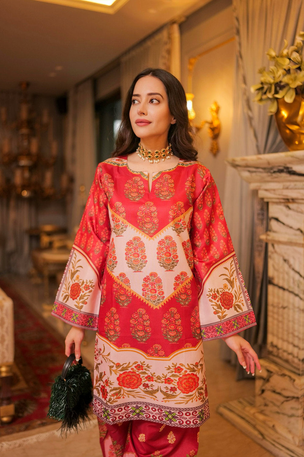 Komal X HOK Lawn Cotton Shimmer Printed Cord Set with Traditional Buta Print - Rust & Cream