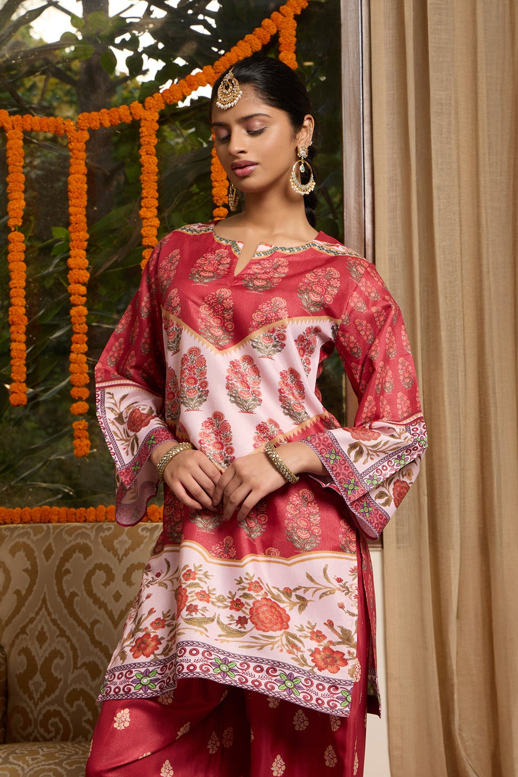 Lawn Cotton Shimmer Printed Cord Set with Traditional Buta Print - Rust & Cream