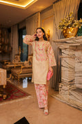 Komal X HOK Lawn Cotton Shimmer Printed Cord Set with Pink Floral Print & Farsi Bottom - Pastel Cream