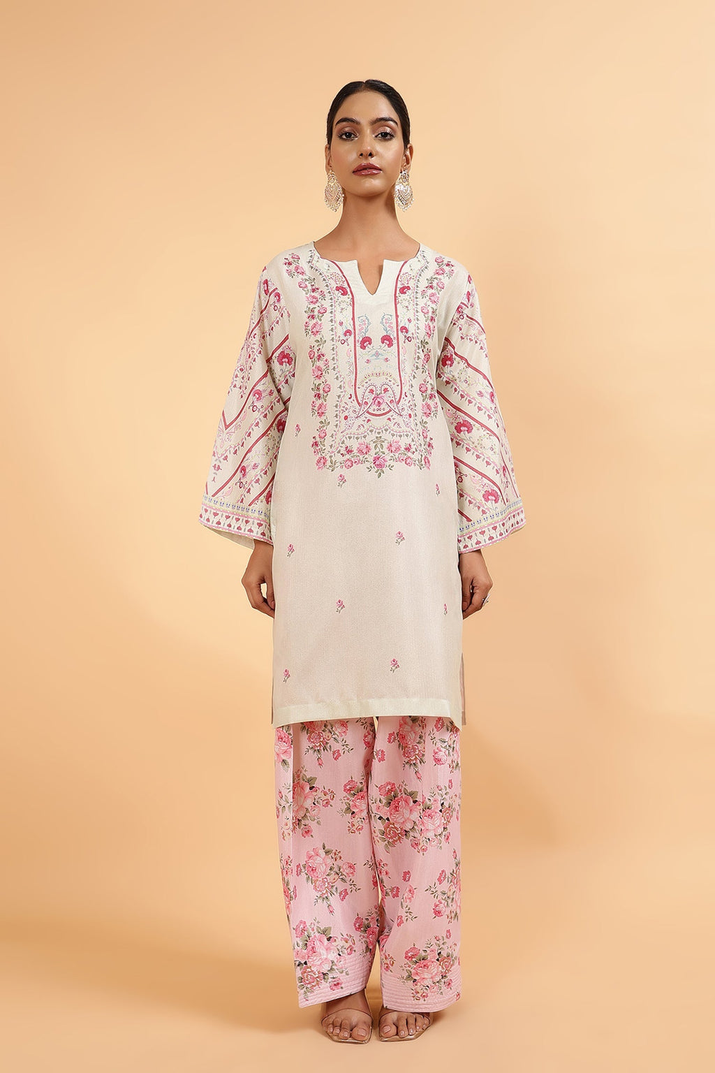 Plus Size - Lawn Cotton Shimmer Printed Cord Set with Pink Floral Print & Farsi Bottom - Pastel Cream