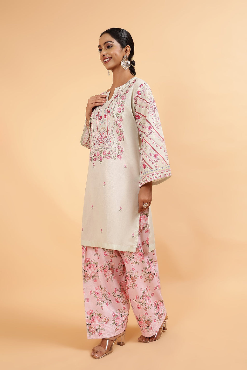 Plus Size - Lawn Cotton Shimmer Printed Cord Set with Pink Floral Print & Farsi Bottom - Pastel Cream