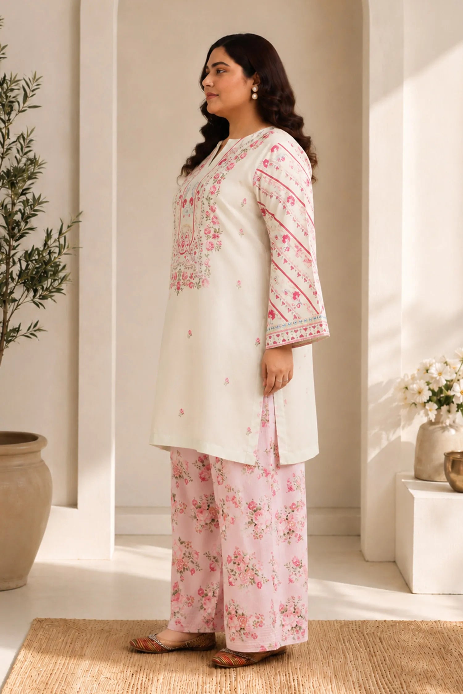 Plus Size - Lawn Cotton Shimmer Printed Cord Set with Pink Floral Print & Farsi Bottom - Pastel Cream