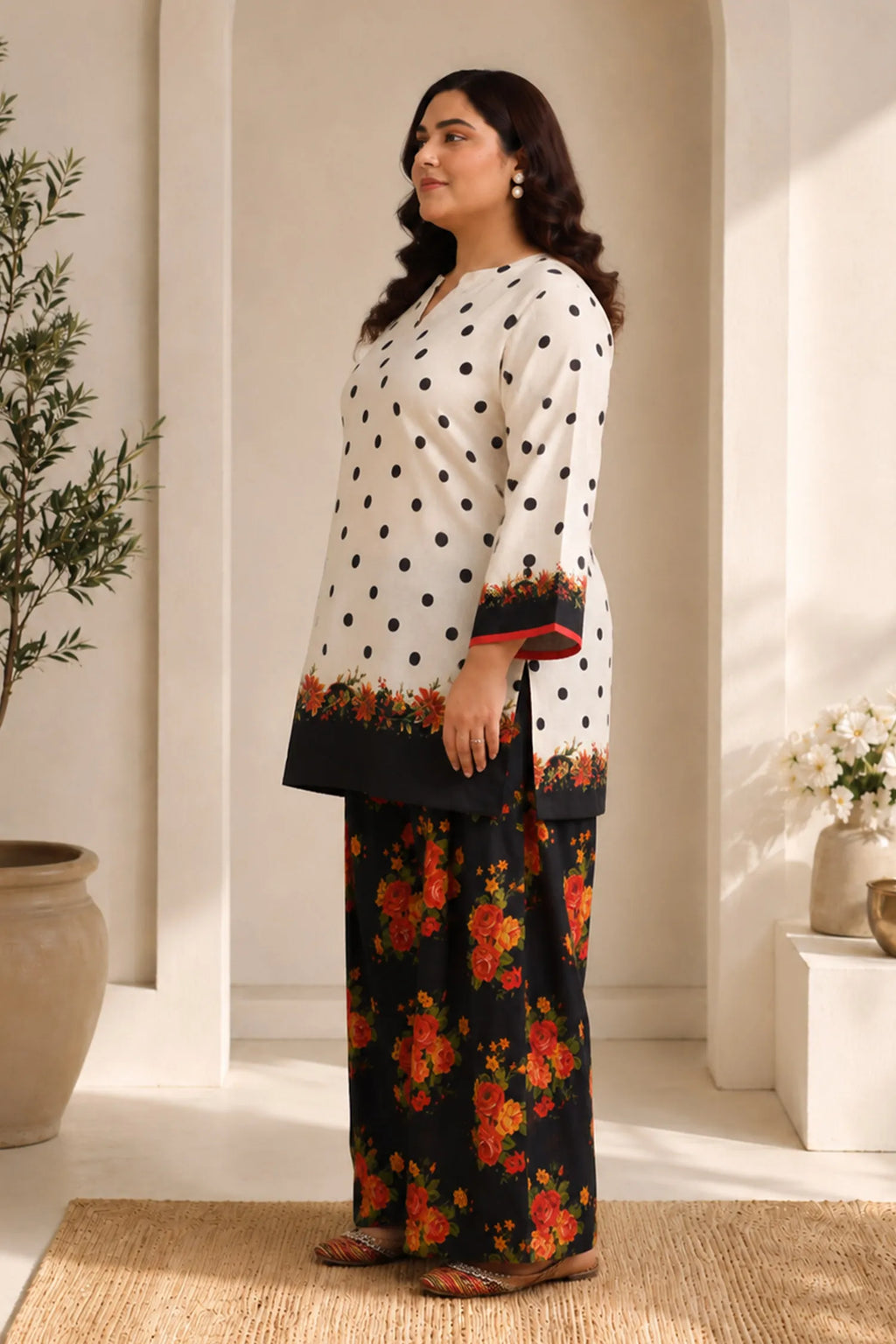 Plus Size - Ivory Polka Floral Printed Lawn Cotton Co-ord Set