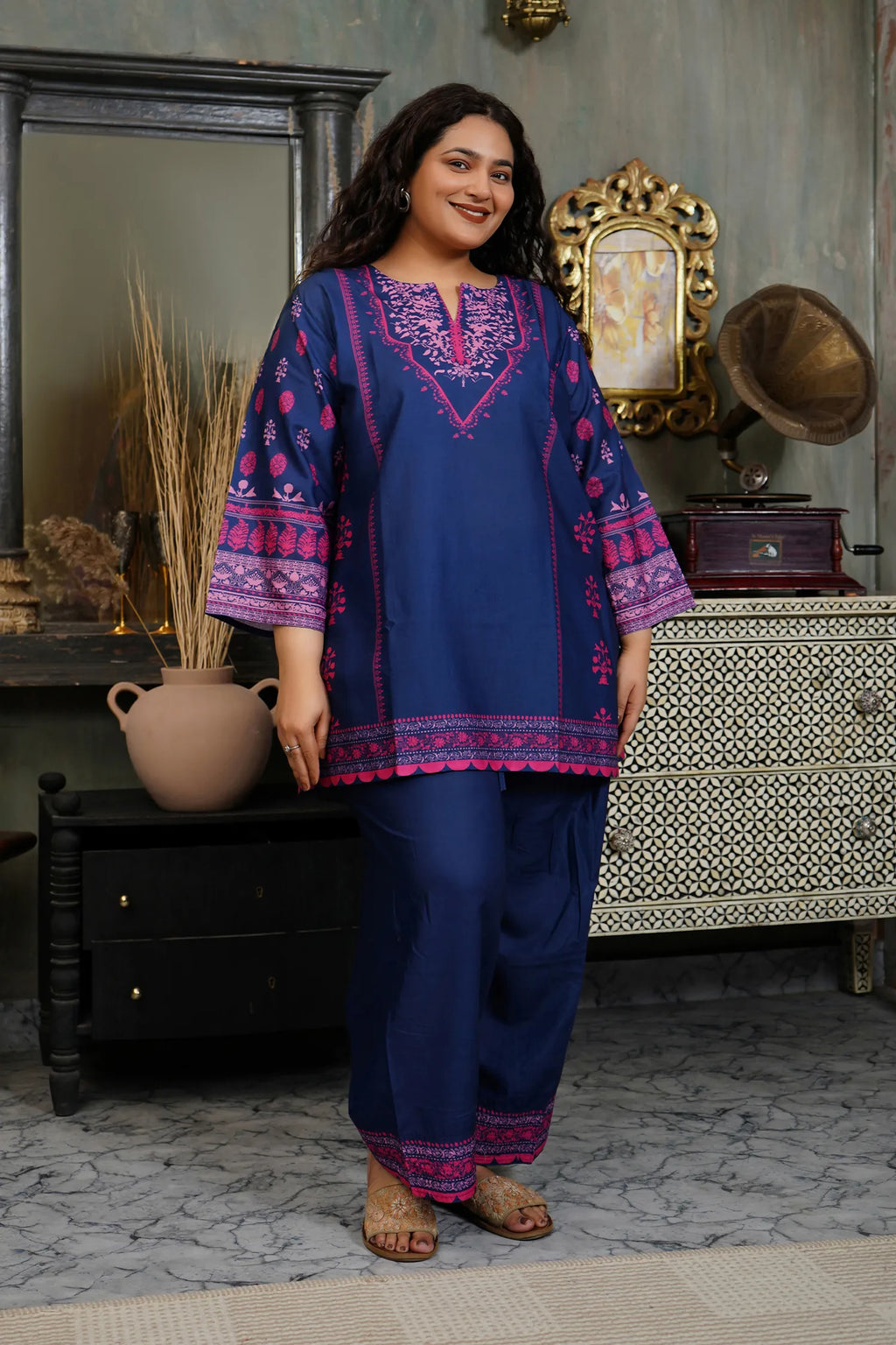 Plus Size - Navy & Pink Printed Lawn Cotton Co-ord Set