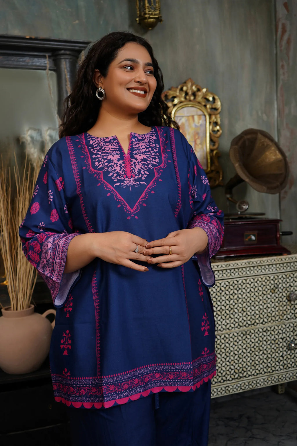 Plus Size - Navy & Pink Printed Lawn Cotton Co-ord Set