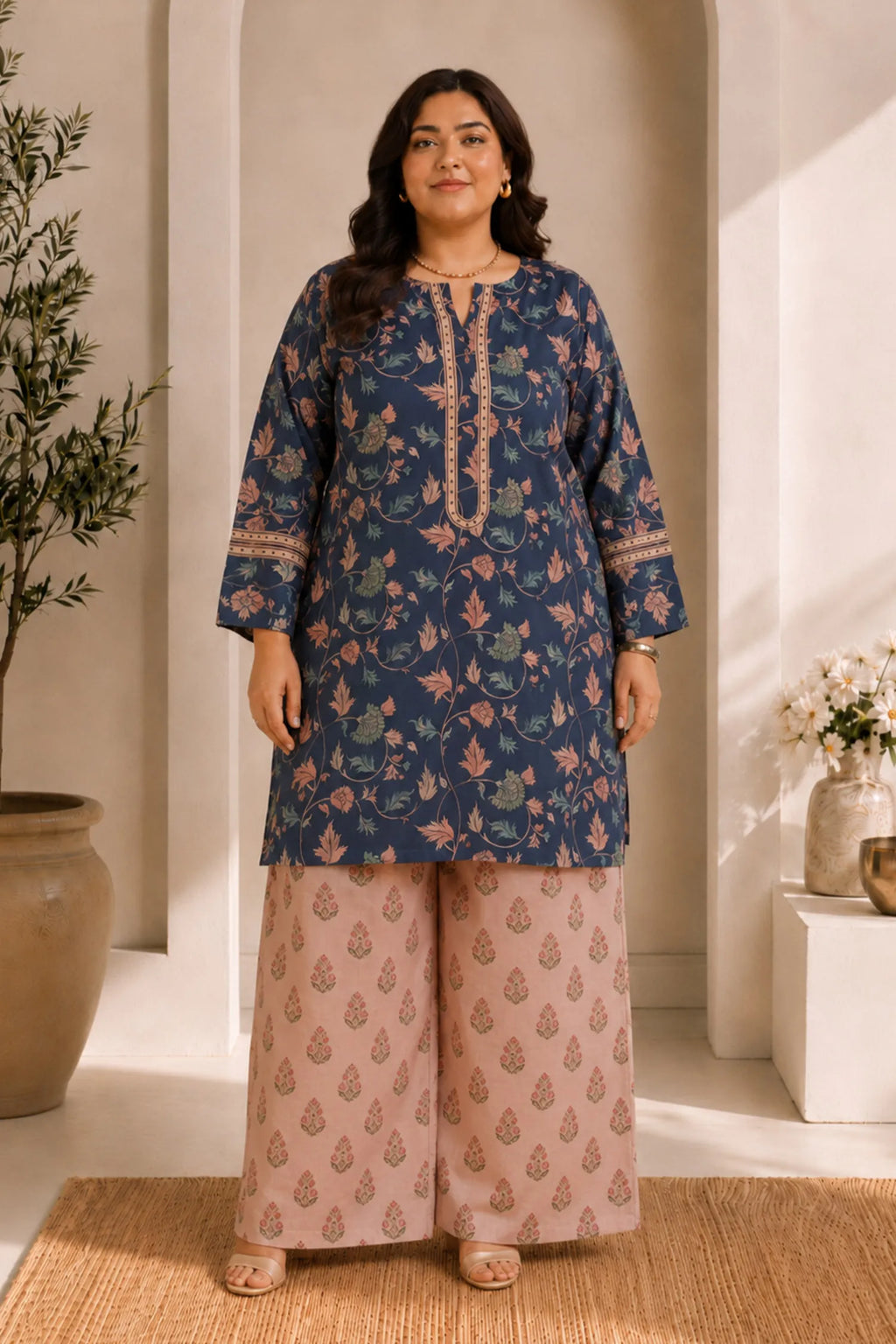 Plus Size - Teal Floral Printed  Lawn Cotton Co-ord Set