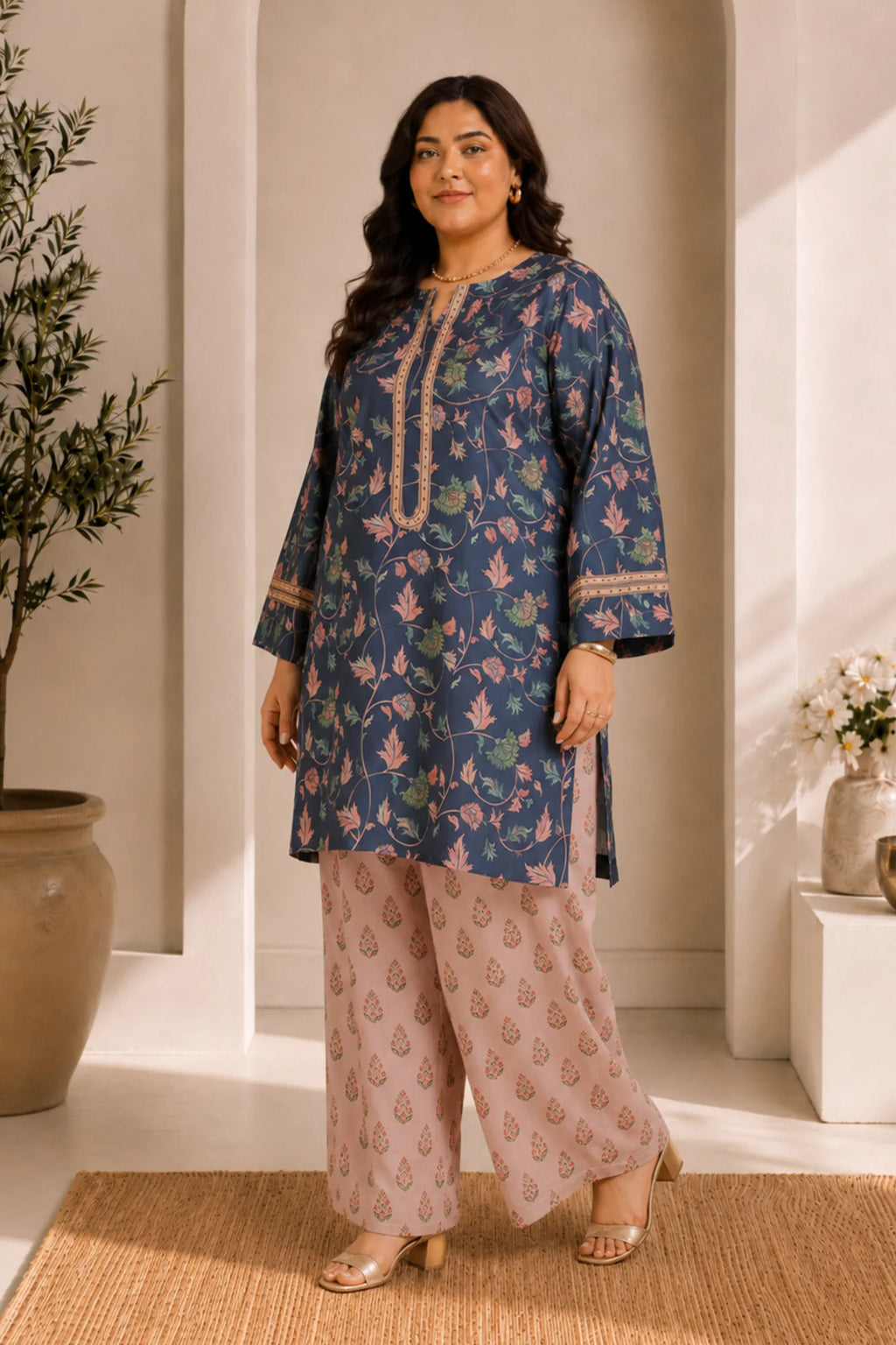Plus Size - Teal Floral Printed  Lawn Cotton Co-ord Set