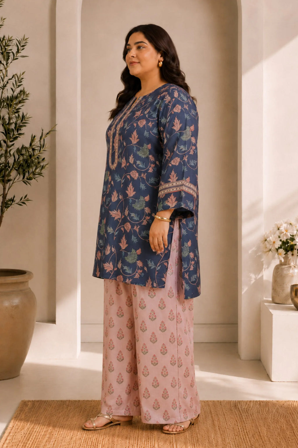 Plus Size - Teal Floral Printed  Lawn Cotton Co-ord Set