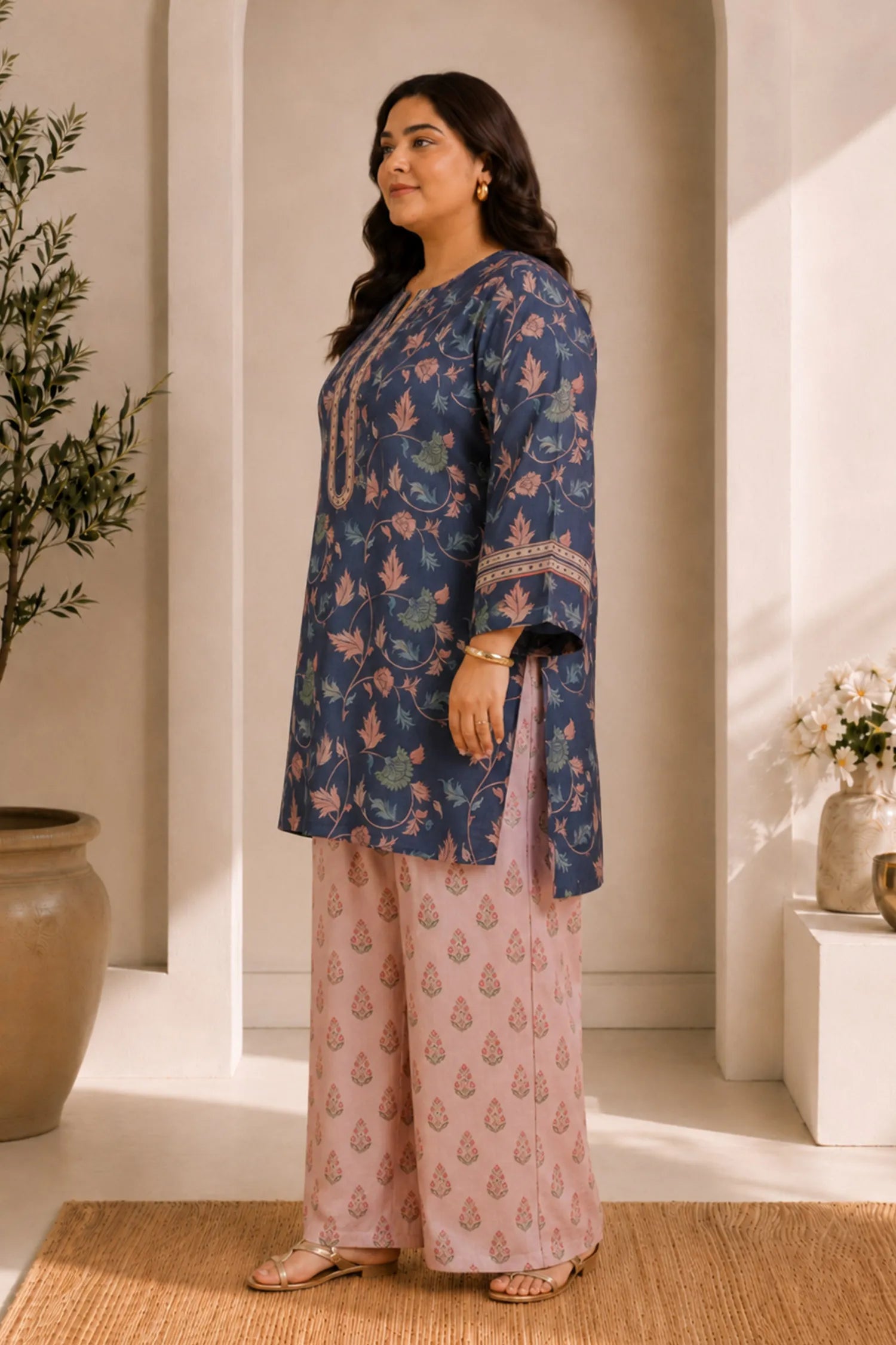 Plus Size - Teal Floral Printed  Lawn Cotton Co-ord Set