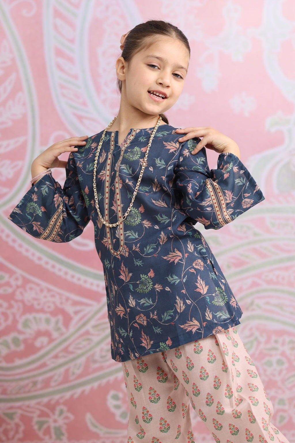 Kids Navy Floral Printed Lawn Cotton Co-ord Set