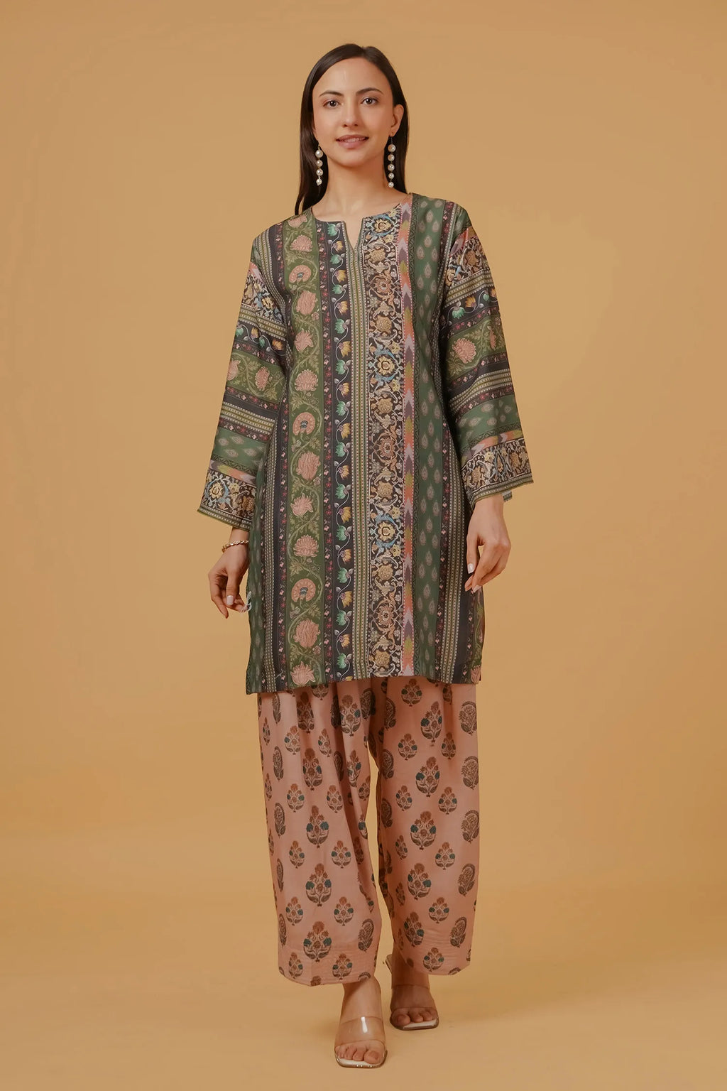 Plus Size - Forest Green Printed  Lawn Cotton Co-ord Set