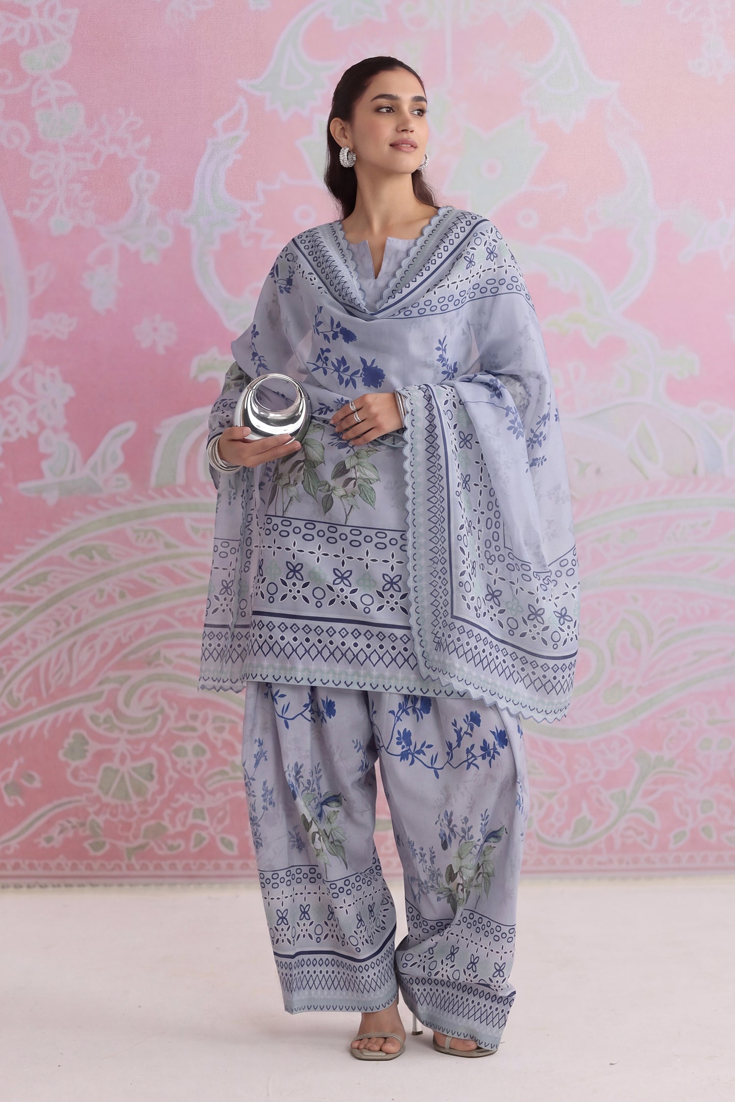 Grey Printed Lawn Cotton Co-ord Set with Farsi Pants