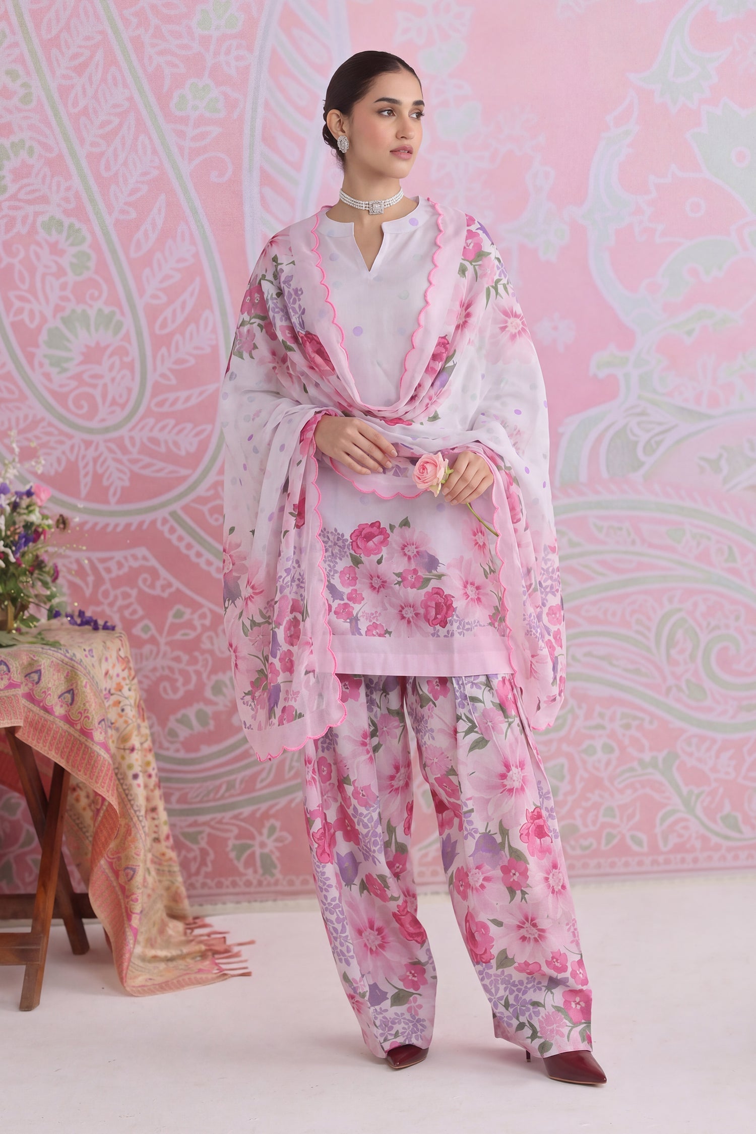 Blush Pink Printed Lawn Cotton Co-ord Set with Farsi Pants