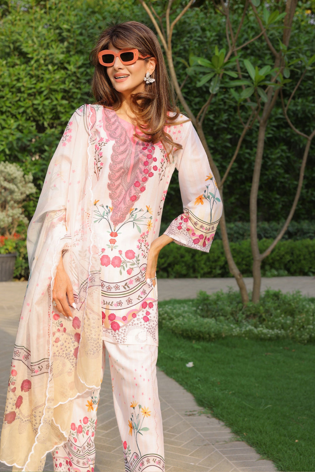 Neha x Ivory Floral Printed Lawn Cotton Co-ord Set with Straight Pants
