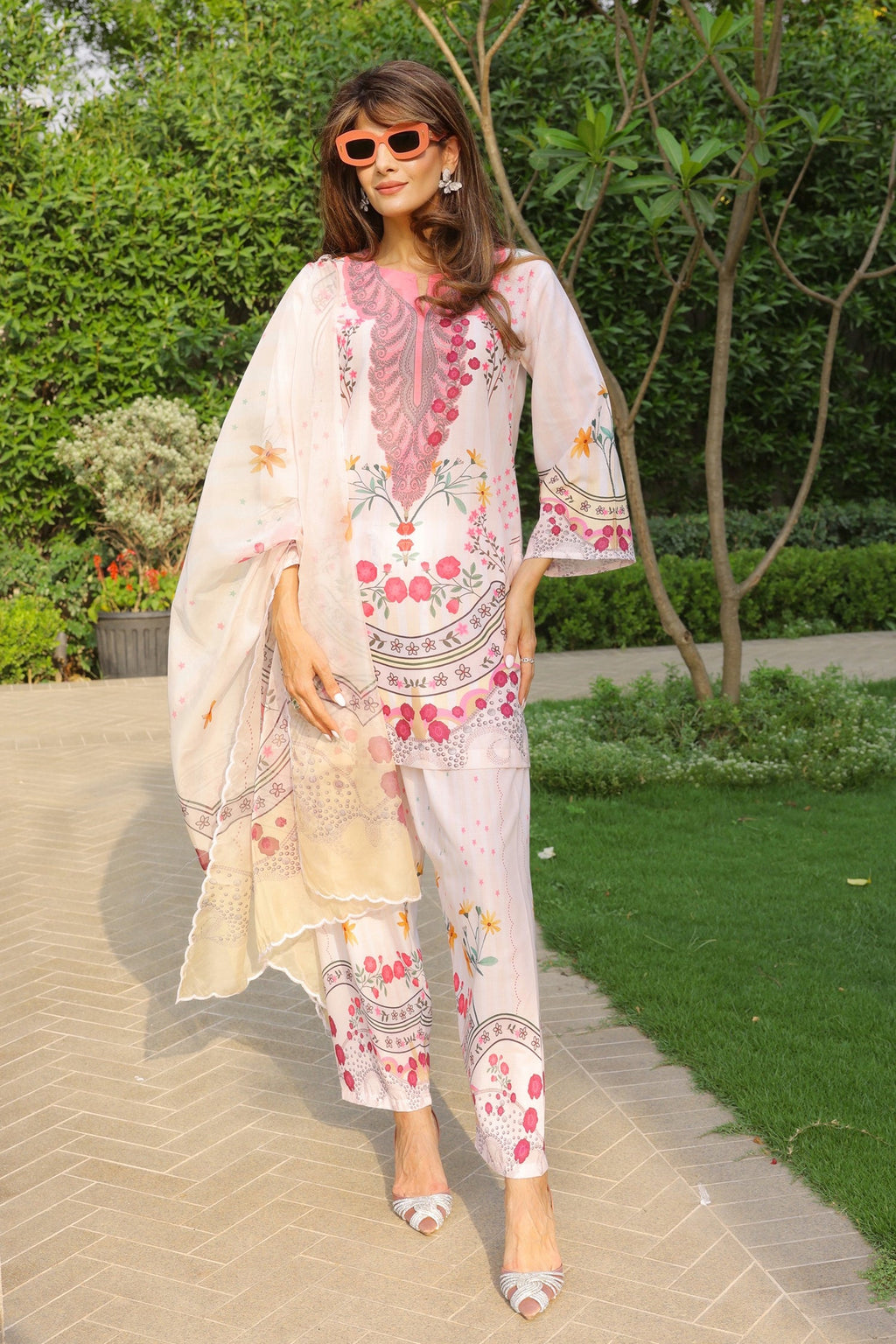 Neha x Ivory Floral Printed Lawn Cotton Co-ord Set with Straight Pants