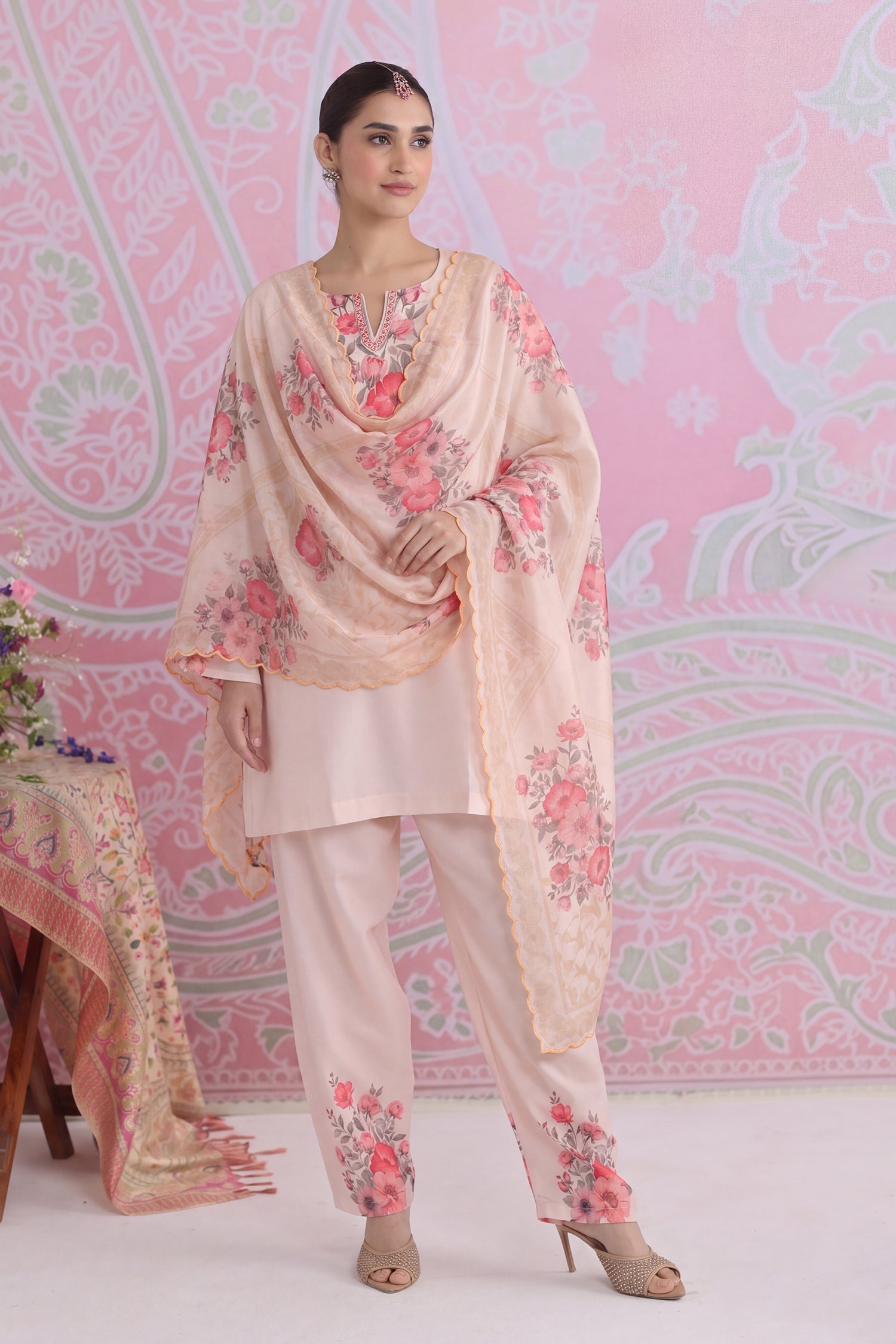Blush Beige Floral Printed Lawn Cotton Co-ord Set with Straight Pants