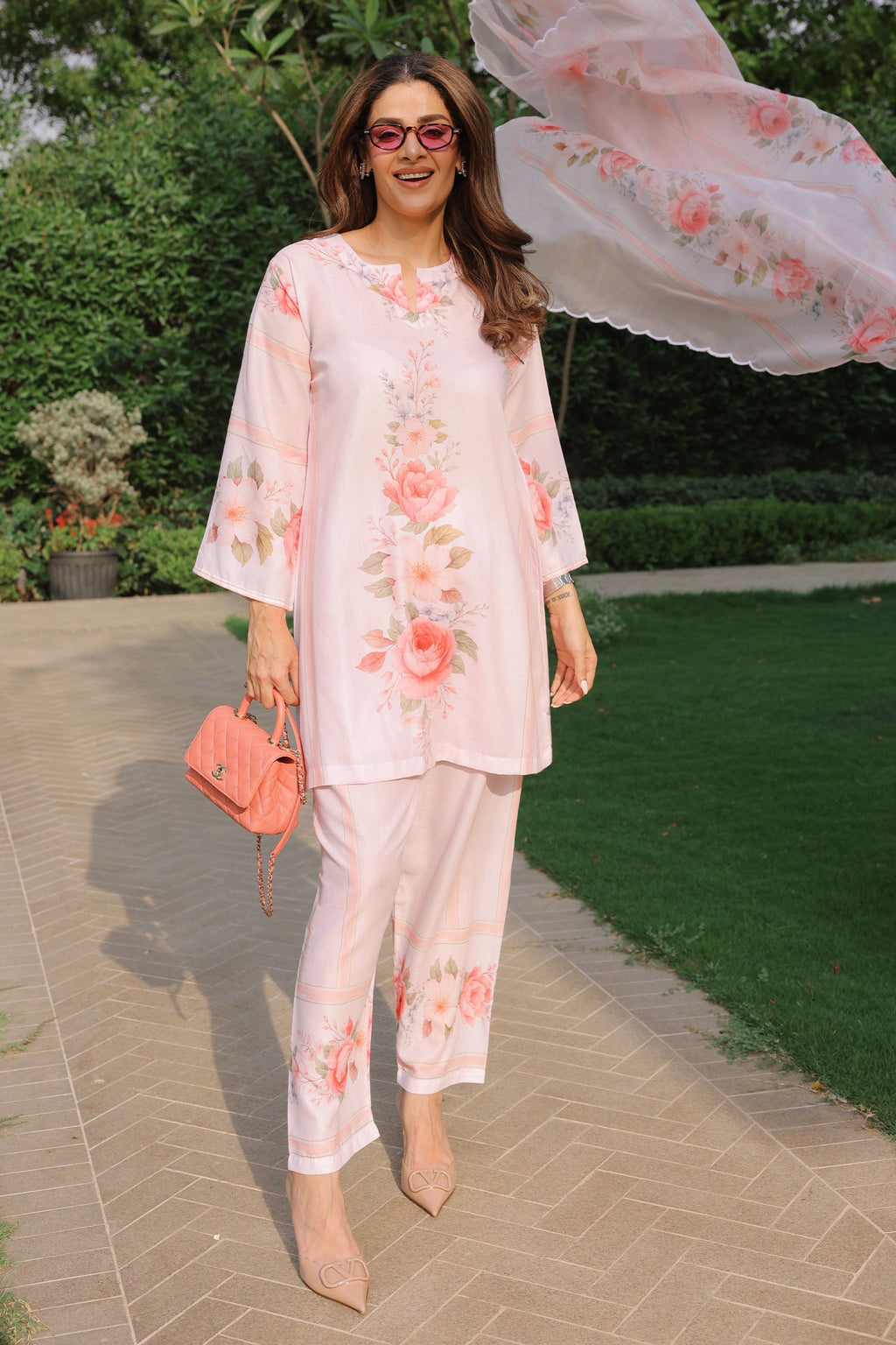 Priyanka x HOK in Blush Pink Floral Printed Lawn Cotton Co-ord Set with Straight Pants