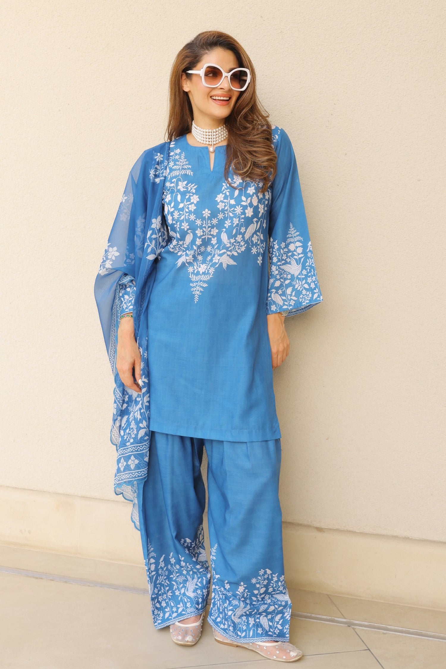 Priyanka x HOK in Indigo Blue Printed Lawn Cotton Co-ord Set with Farsi Pants