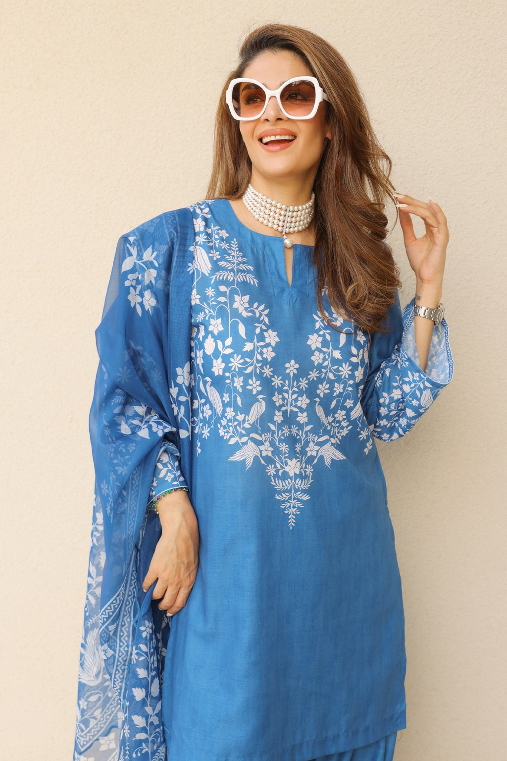 Priyanka x HOK in Indigo Blue Printed Lawn Cotton Co-ord Set with Farsi Pants