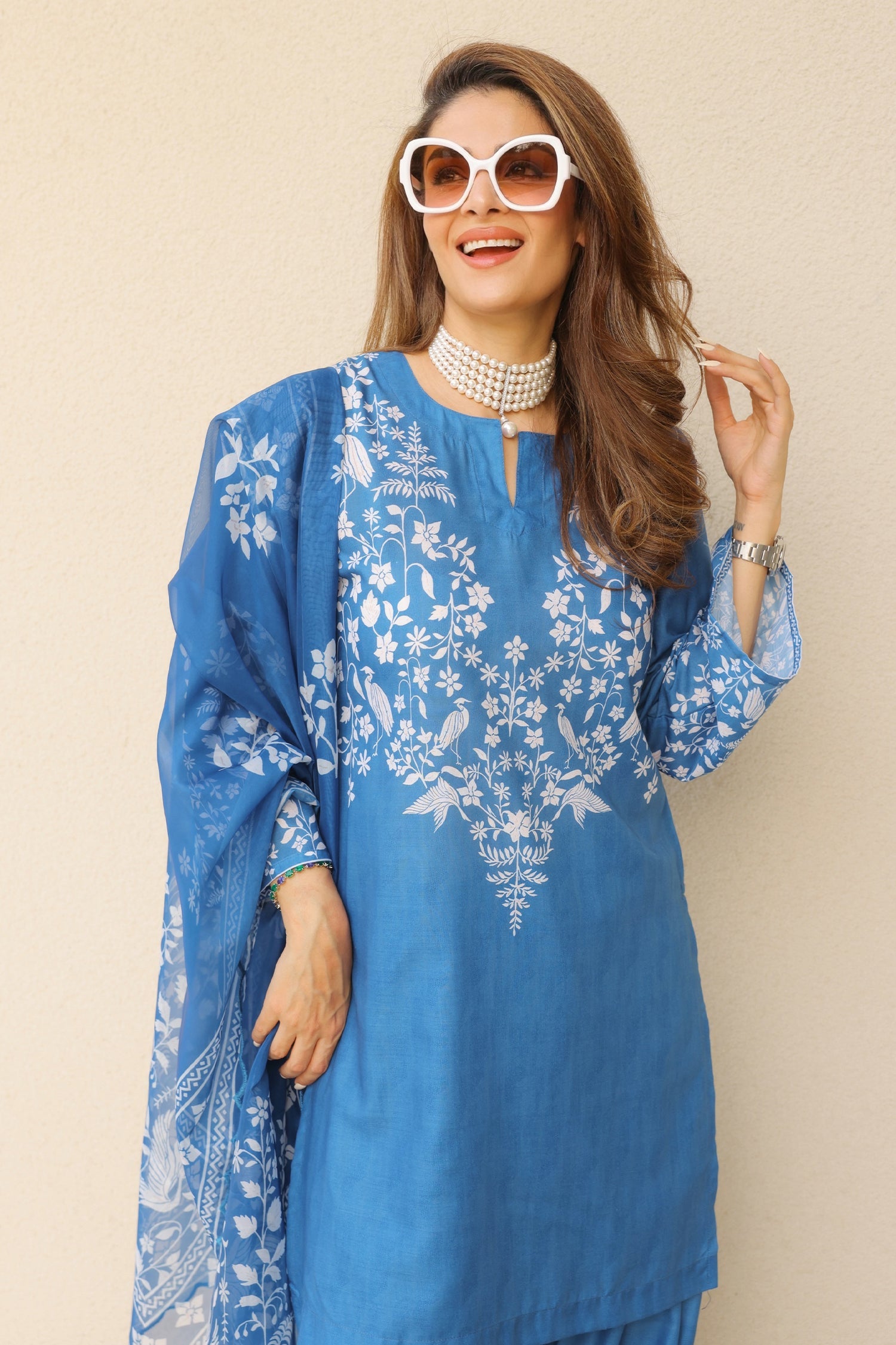 Priyanka x HOK in Indigo Blue Printed Lawn Cotton Co-ord Set with Farsi Pants