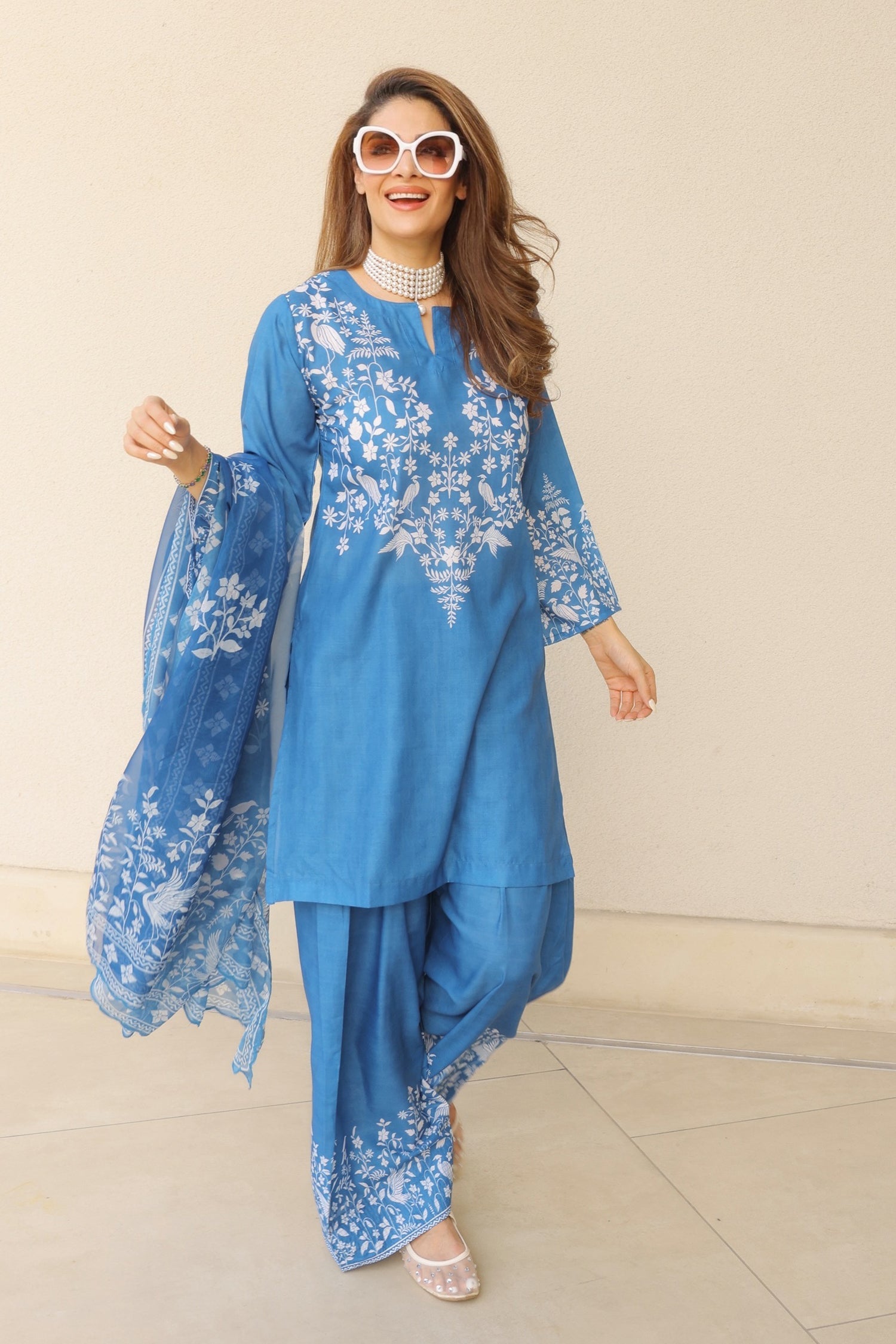 Priyanka x HOK in Indigo Blue Printed Lawn Cotton Co-ord Set with Farsi Pants