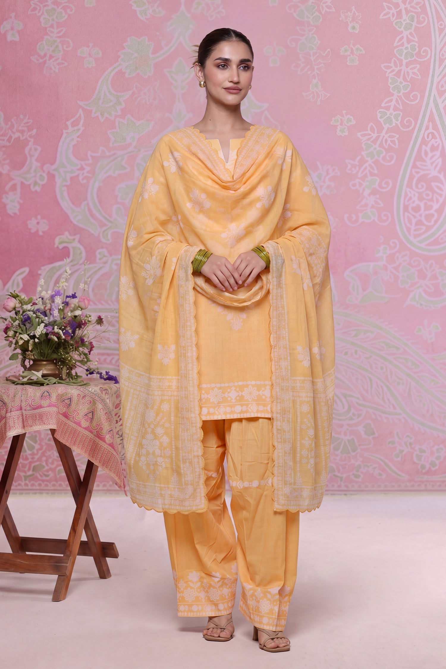 Sunshine Yellow Printed Lawn Cotton Co-ord Set with Farsi Pants