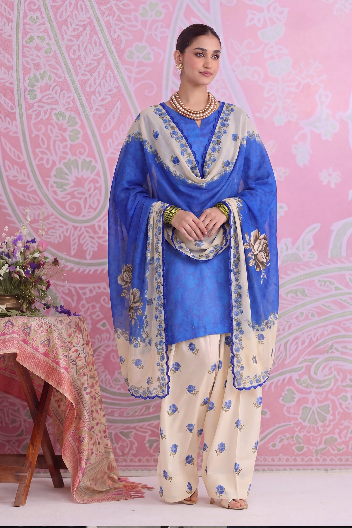 Blue Printed Lawn Cotton Co-ord Set with Farsi Pants