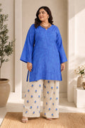 Plus Size - Blue Printed Lawn Cotton Co-ord Set with Farsi Pants