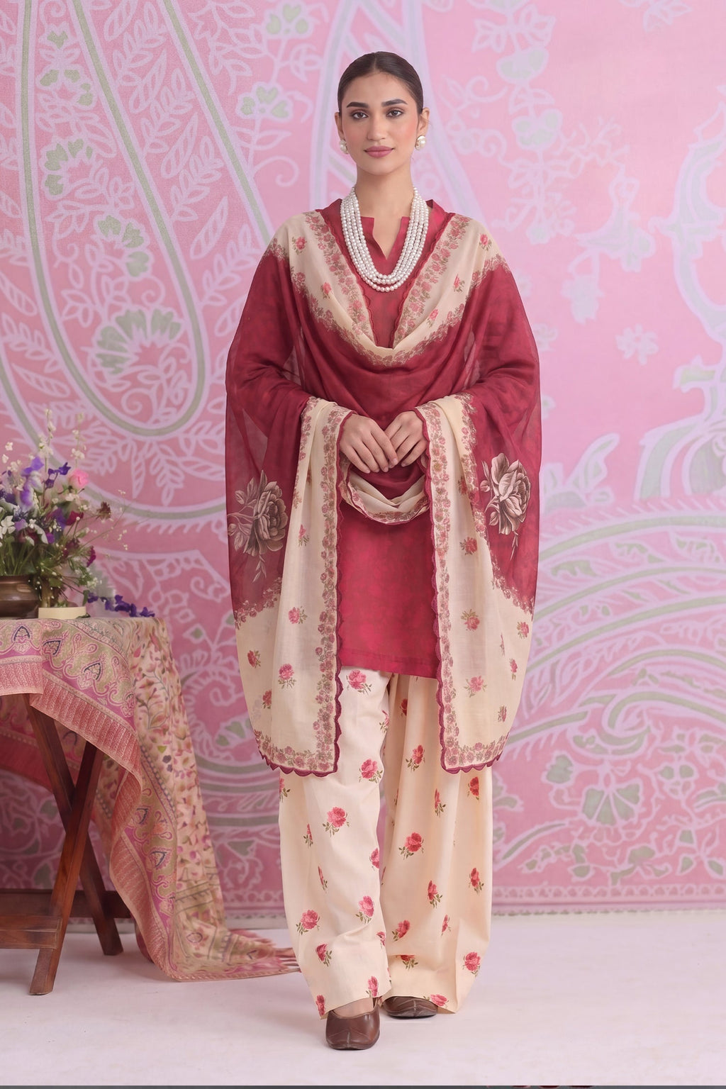 Red Printed Lawn Cotton Co-ord Set with Farsi Pants