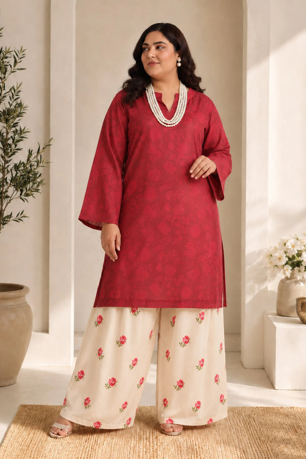 Plus Size - Red Printed Lawn Cotton Co-ord Set with Farsi Pants