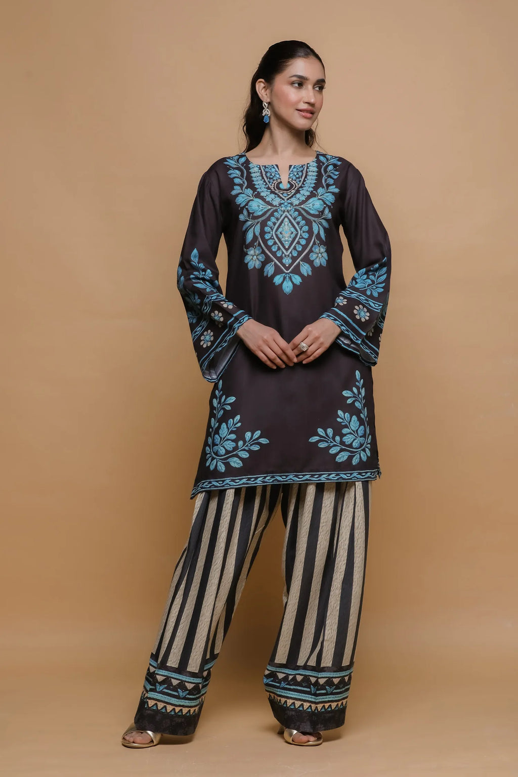 Plus Size - Black & Teal Printed Lawn Cotton Co-ord Set with Farsi Pants